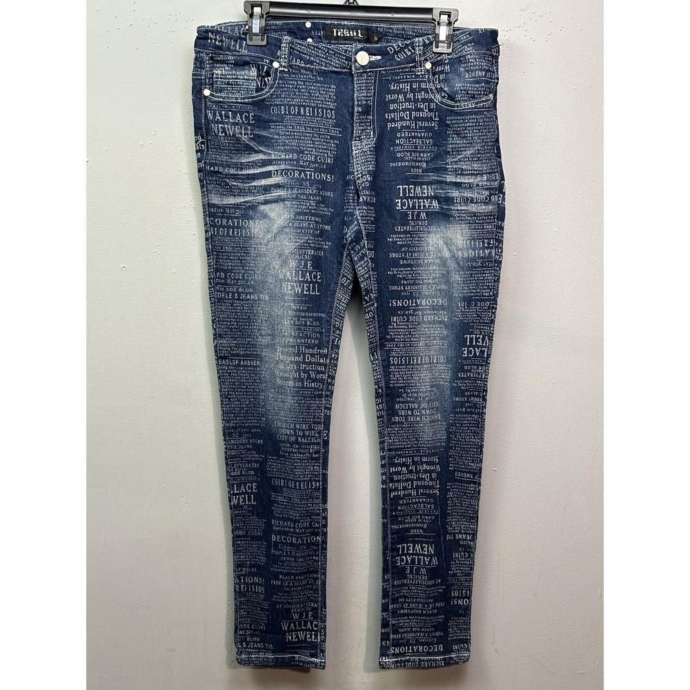 Thrill Jeans Pants‎ Mens 17.5x30.5 Newspaper Print Graphic Straight Leg All Over
